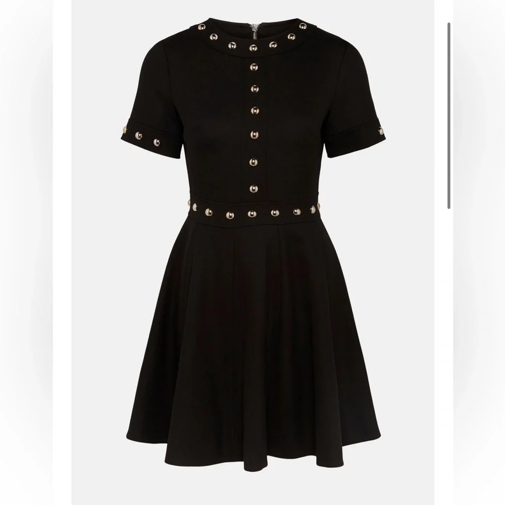 KAREN MILLEN Black Structured Stretch Stud Circular Skirt Dress SIZE 2 - Picture 2 of 4